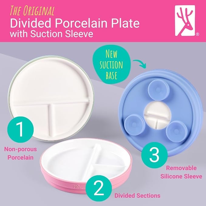 Elk and Friends Kids 6.7” Porcelain Divided Plates with Silicone Suction Sleeves | Suitable for Babies/Kids/Toddlers | Microwave & Dishwasher Safe | Non Slip | Snack Dishes | 2 Pack