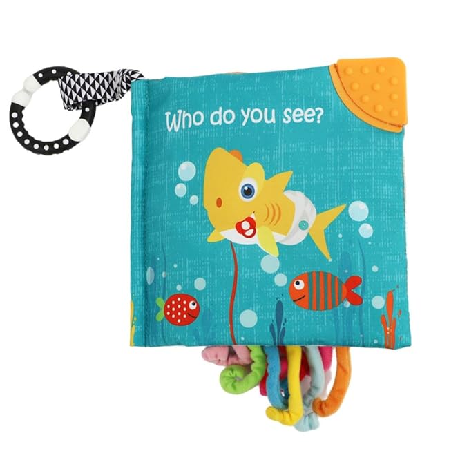 Cloth Crinkle Books for Babies Toddler – Touch and Feel Soft Baby Books, Interactive Early Learning Toys for Infants 0-6-12-18 Months Gift, Teething Toy with Teether, Fish, Octopus, Shark