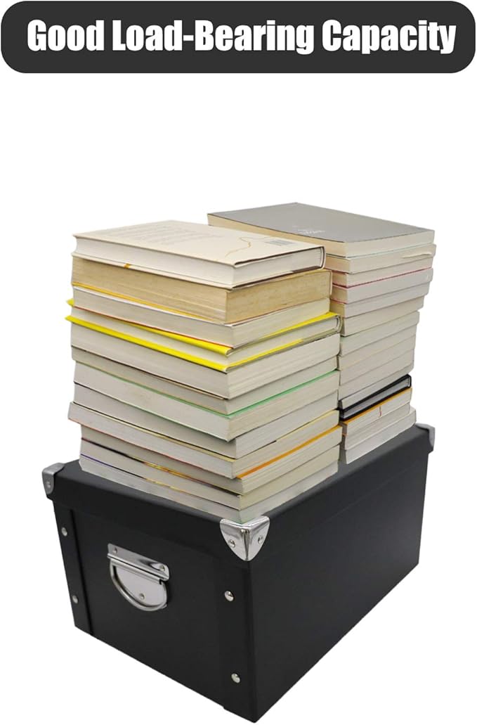 GUOZI Collapsible Storage Box, Decorative Memory Box with Lid & Metal Reinforced Corners, Organizer Gift Box for Keepsake Toy Photos Office Nursery Wardrobe Bookshelf (2Pcs-Black, 35 * 25 * 17.5cm)