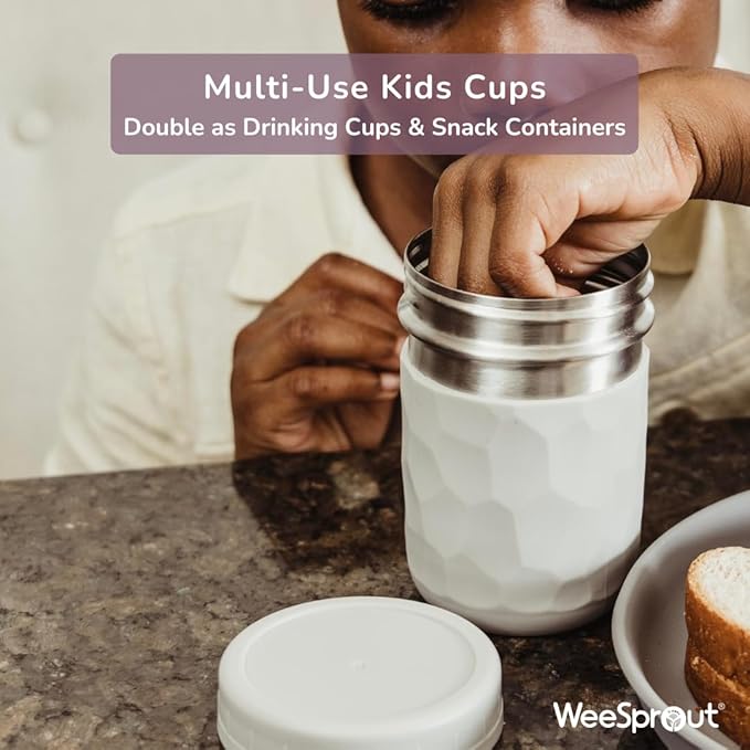WeeSprout 2-in-1 Drinking Cups for Kids, Durable Stainless Steel Tumbler for Smoothies, Silicone Straws with Stoppers, Premium Plastic Twist Lids, Easy-Grip Sleeves, Set of 4 Dishwasher Safe Kid Cups