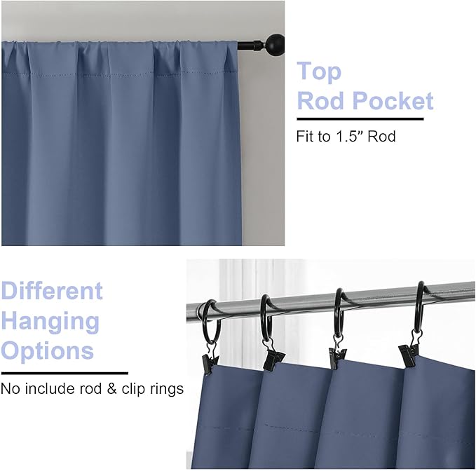 Simplebrand Ava Denim Blue Blackout Curtains for Bedroom 72 Inch Length 2 Panels, Privacy Thermal Insulated Rod Pocket Door Window Curtains for Patio French Door Front Door, W40 x L72 Inch, Denim Blue