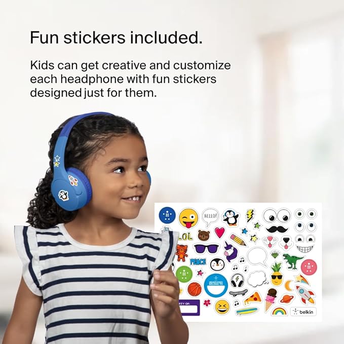 Belkin SoundForm Mini - Wireless Bluetooth Kids Headphones, 30H Battery, 85dB Safe Volume Limit, Built-in Microphone - Toddler On-Ear Earphones for iPhone, iPad - Ideal for School - Blue w/ Case