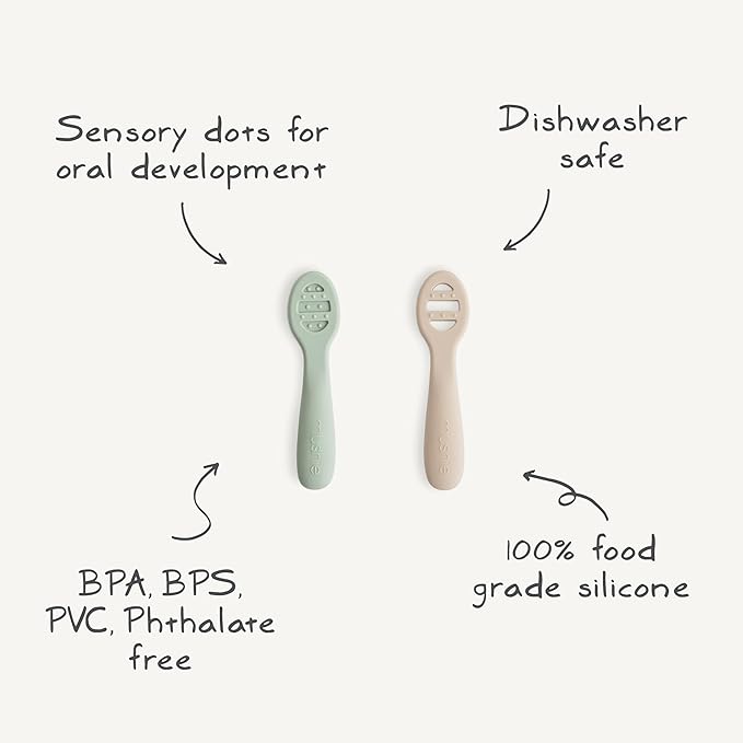 mushie Silicone First Feeding Baby Spoons | 2 Pack (Cambridge Blue/Shifting Sand)