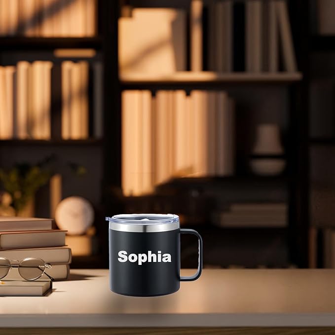 Personalized Mug Cup with Handle 12/14oz Custom Stainless Steel Mugs Customized Name Coffee Tumbler for Women Men Student Family Office Gifts, Text