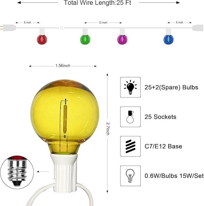 25Ft LED Outdoor String Lights, G40 Outdoor Christmas Decorations Lights Waterproof with 27 LED Globe Multicolor Bulb, Hanging Vintage Christmas Lights for Patio Roofline Backyard Garden Party Decor