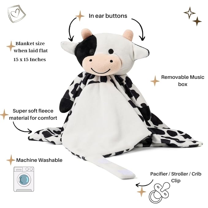 Love By Emi Baby Music Lovey Black & White Cow, Baby Sleep Soother for Crib & Cuddle Bedtime, White Noise with Heartbeat & Lullaby, Plush Sound Toy, Stuffed Animal for Newborns, Infants & Toddlers
