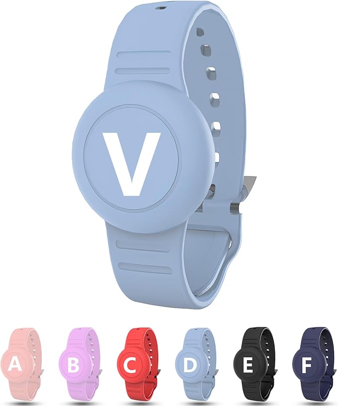 Waterproof Bracelet for AirTag Kids, Personalized Initial Letter Hidden Holder Compatible with Air Tag, Silicone Case for Airtag Adjustable Anti-Lost GPS Tracker for Toddler Child Elder, V
