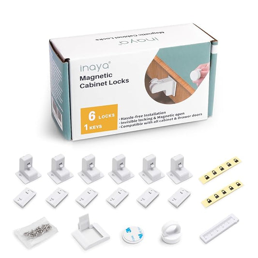 Inaya Magnetic Cabinet Locks for Baby Proofing, 6 Locks & 1 Key, Child Proof Magnet Locks for Cabinets & Drawers with Invisible Design, 3M Adhesive for Easy Installation - No Drill & Tools Needed