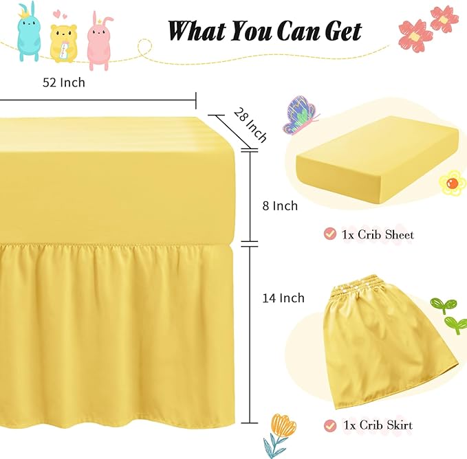 Horbaunal 2 Pack Set Crib Skirt & Crib Bed Sheet, Yellow Crib Bed Skirt 28" x 52" with 14" Drop Dust Ruffle, Soft Microfiber Toddler Bedskirt Nursery Bedding Skirt for Baby Girls and Boys