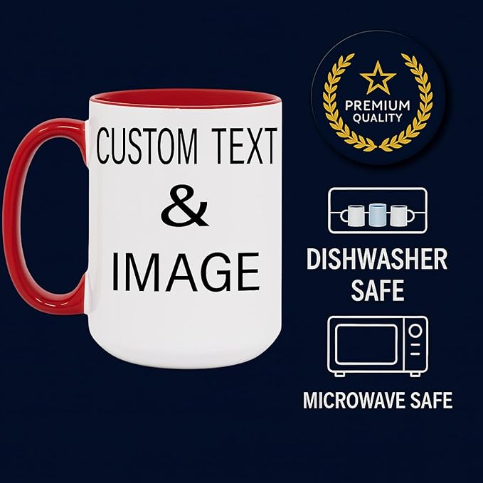 Customized 15oz Ceramic Coffee Mugs with Personalized Text and Photo Image Upload Novelty Gift, Personalize With Different Design And Images, Custom Gift (Red)