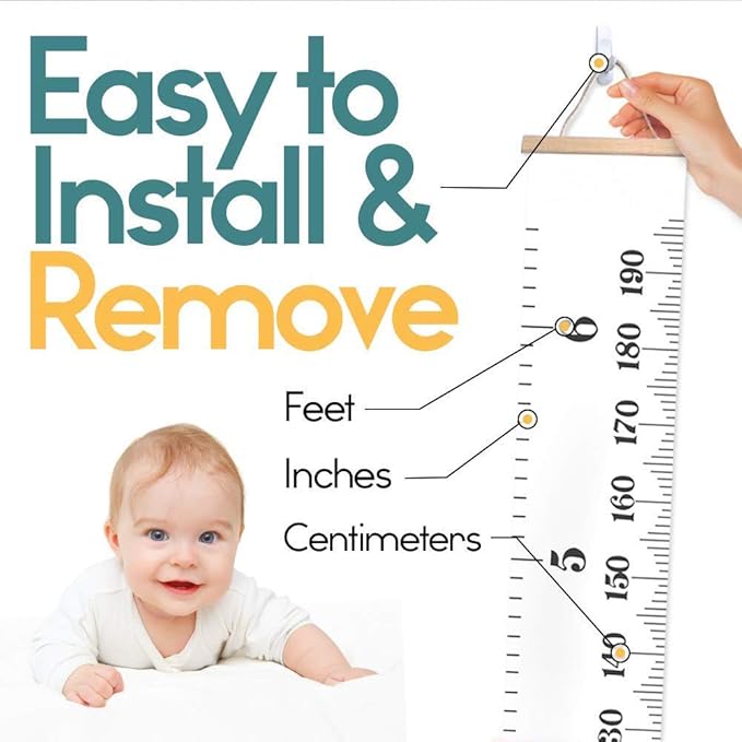 Growth Chart Wall Hanging, Portable Kids Wall Ruler Removable Height Measure Chart for Boys Girls Growth Ruler from Baby to Adult for Child's Room Decoration 79''7.9''