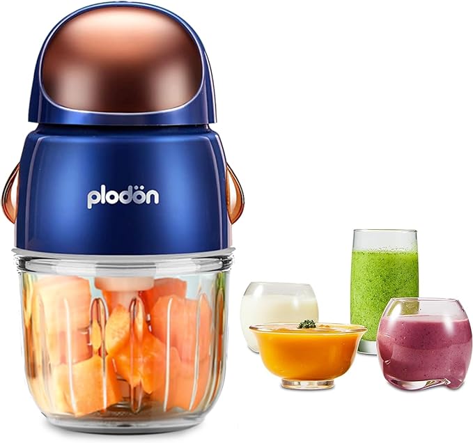 Baby Food Maker Mini Cute and Small Food Processor Puree Blender Grinder Chopper 300ml Cup Glass Bowl with 8 Blade Electric (Spaceman-Blue)