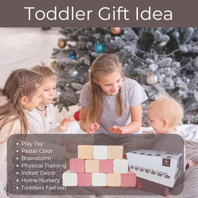 Wonder Space Plush Foam Blocks - Nursery Building & Stacking Toys for Toddlers Boys & Girls, Soft Smooth Velvet Cover, Early Education Gross Motor Skills & Brain Development (12 Cubes, Soft Blush)
