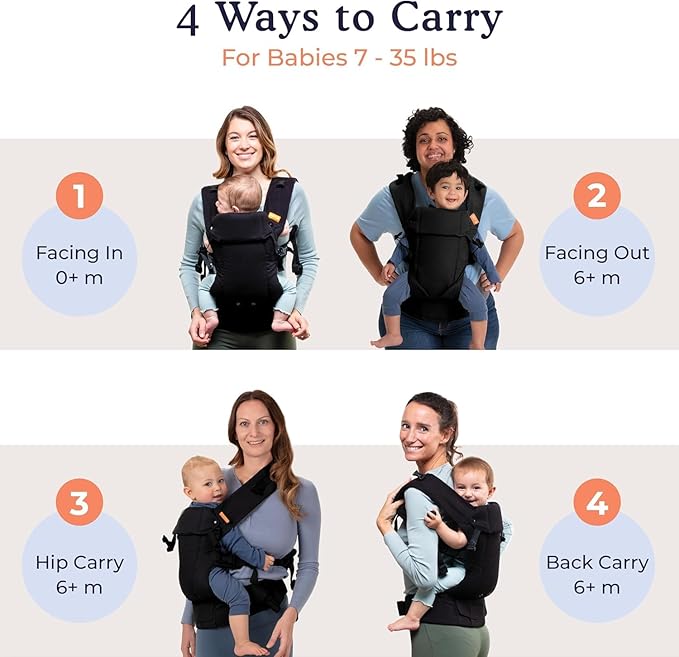 Beco Gemini Baby Carrier from Newborn to Toddler - Certified Ergonomic Newborn Baby Carrier for Infants and Children of 7-35 lbs - M Shape, Adjustable Seat, 100% Cotton (Metro Black)