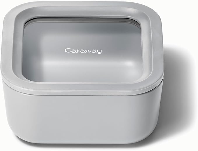 Caraway Glass Food Storage - 4.4 Cup Glass Container - Ceramic Coated Food Container - Non Toxic, Non Stick Lunch Box Container with Glass Lids - Dishwasher, Oven, & Microwave Safe - Gray