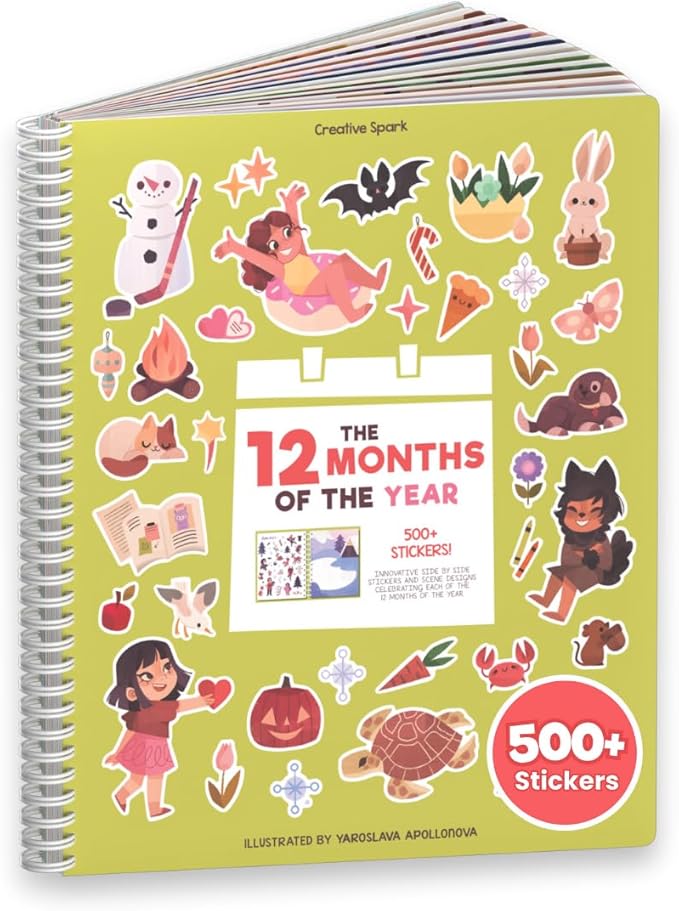 12 Months Sticker + Coloring Book (500+ Calendar Stickers for Kids & 12 Coloring Pages) Side by Side Activity Book, Fun Sticker Books, Boys & Girls Ages 2-4, 4-8, 8-10