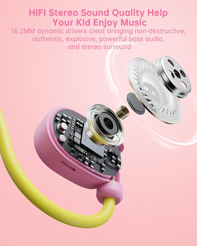 Kid Headphones for School, Air Conduction Open Ear Headphones, 3.5mm Jack Wired Cord, Ultra-Comfort, Ergonomic and Lightweight Design Perfect for School and Outdoor Activities-Yellow Pink