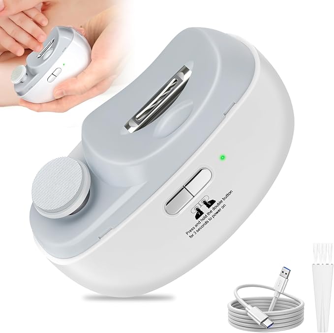 Electric Nail Clipper 2 in 1, Baby Nail Trimmer Electric, Baby Automatic Nail File with Polishing, LED Lights, Nail Chip Storage, USB Charging, 2 Speed Levels for Babies and Adults (White)