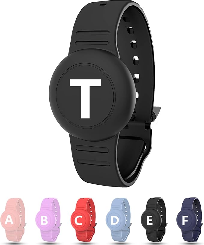 Waterproof Bracelet for AirTag Kids, Personalized Initial Letter Hidden Holder Compatible with Air Tag, Silicone Case for Airtag Adjustable Anti-Lost GPS Tracker for Toddler Child Elder, T