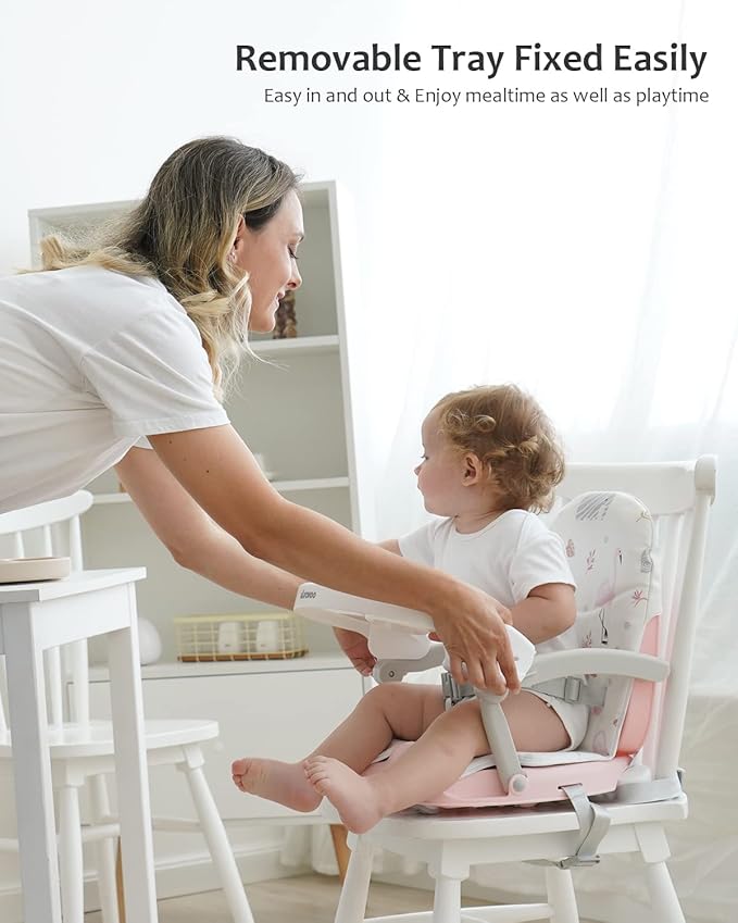 2in1 Portable Toddler Booster Seat, Grow with Baby Booster Seat for Dining Table with Removable Tray & Seat Pad, high Chair for Travel, ACE1013 Pink Flamingos