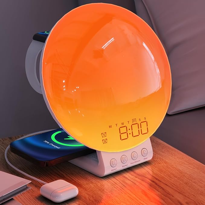 Dekala Sunrise Alarm Clock with 3-in 1 Wireless Charging Station, White Noise Sound Machine, 11 Light & 15 Sounds, Alarm Clocks for Heavy Sleepers Bedroom, Compatible with Apple Watch/Airpods/iPhone