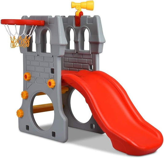 GLACER Toddler Slide, 5 in 1 Kids Climber Slide Playset w/Basketball Hoop, Telescope, Crawl Through Space, Easy Climb Stairs, Freestanding Slide Toddler Playground for Indoor and Outdoor