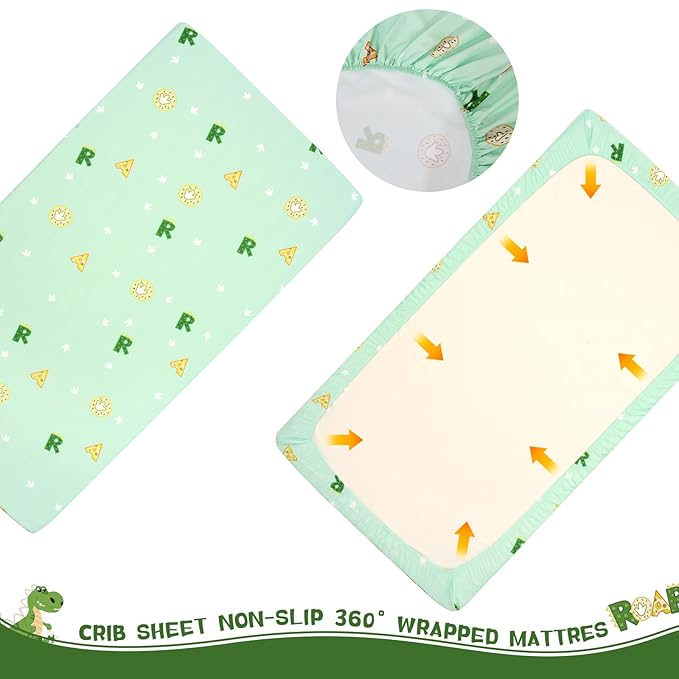 Cloele Crib Bedding Set for Boys,4 Piece Dinosaur Baby Bedding Set,Standard Size Toddler Nursery Bedding Includes Comforter,Crib Skirt,Fitted Sheet&Pillowcase,Soft Dinosaur Blanket-Green