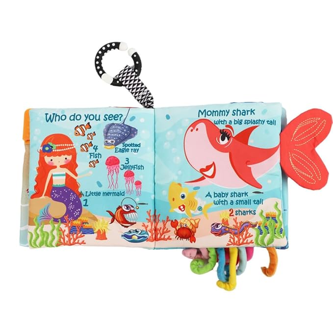 Cloth Crinkle Books for Babies Toddler – Touch and Feel Soft Baby Books, Interactive Early Learning Toys for Infants 0-6-12-18 Months Gift, Teething Toy with Teether, Fish, Octopus, Shark