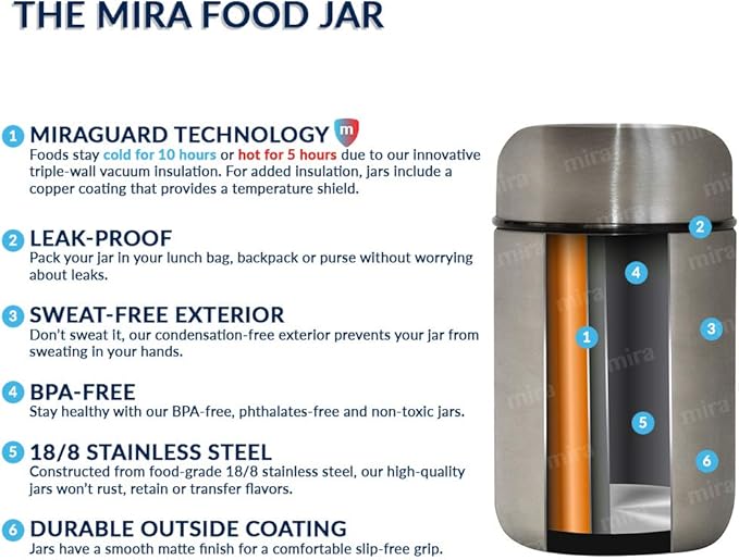 MIRA Insulated Food Jar Thermo for Hot Food & Soup, Compact Stainless Steel Vacuum Lunch Container for Meals To Go - 13.5 oz, Pearl Blue
