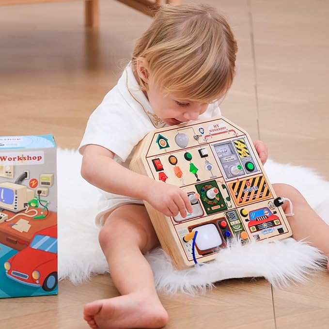 JAUNTY Montessori Wooden Busy Board for Toddlers 3 4 5 Years Old, Wooden Sensory Toddler Toys with LED Light Switches, TV Radio Telegram and Car Driving, Travel Toys Birthday for Boys Girls