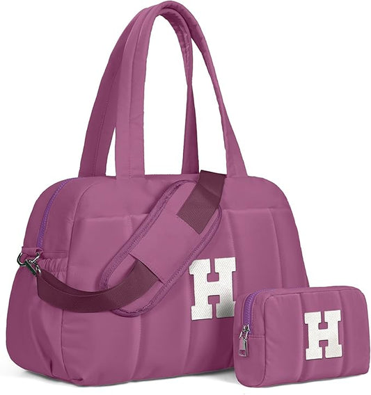 Duffle Bag with Initial, Spend The Night Bags for Women，Overnight Bag with Wet Pocket，Gift Set for Women-Lightweight Travel Bags Personalized Gym Tote with Makeup Pouch