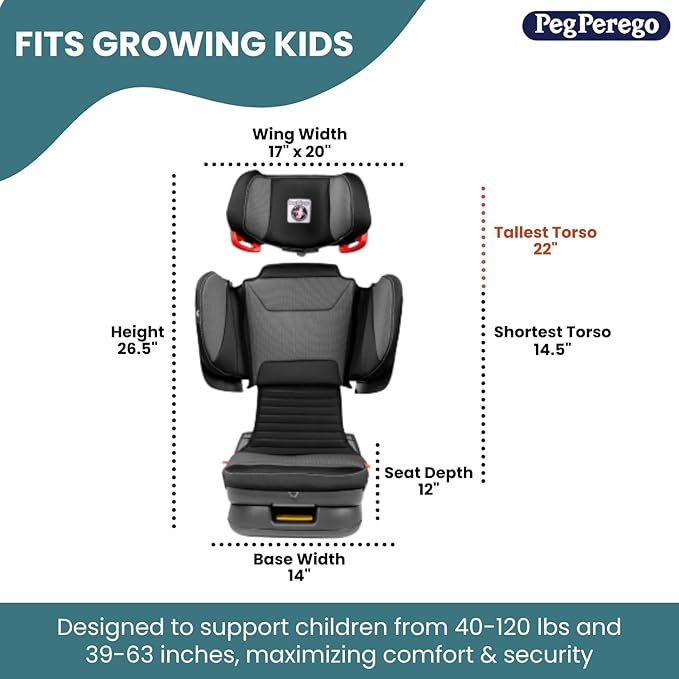 Peg Perego Viaggio Flex 120 Booster, 4D Total Adjust for Safety & Comfort, No Armrests, Compact Fold for Travel, 40-120 lbs, Made in Italy, Licorice (Black)