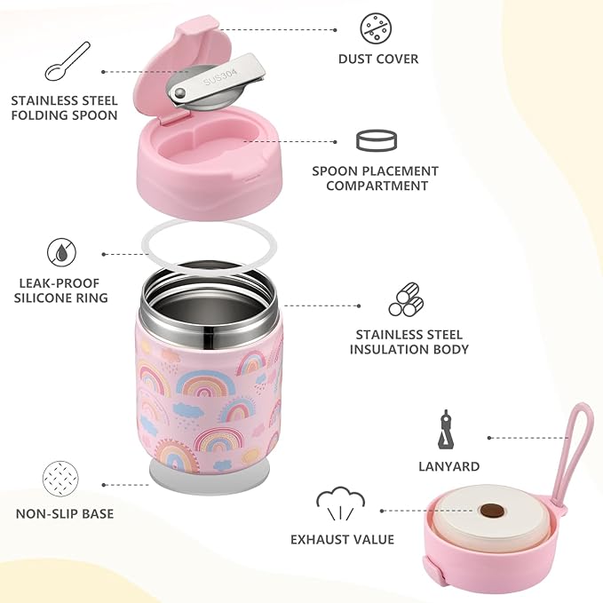 17oz Soup Thermo for Hot Food Kids Insulated Vacuum Food Jar with Stainless Steel Spoon Wide Mouth Thermo Leakproof Lunch Food Container Kids Hot Lunch Box (Pink-Rainbow)