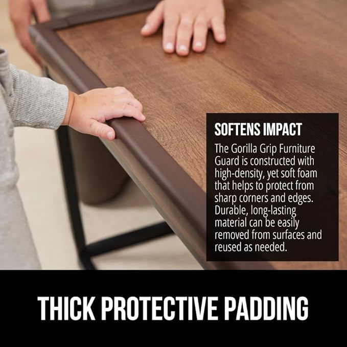 GORILLA GRIP Baby Proof Corners and Edges for Furniture, Kid Proofing Adhesive Table Corner Protectors, Heavy Duty Soft Rubber Foam Protection, Includes 8 Protective Safety Guards, 15 Feet, Brown