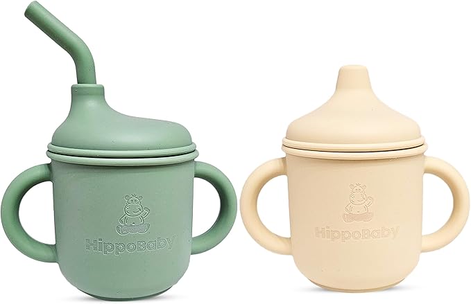 Silicone Transition Sippy Cup for 6+ month old | Includes 1 Toddler straw cup & 1 Baby Sippy Cup with Handles 5 oz | Perfect for Baby Led Weaning (Mint/Cream, 5 oz)