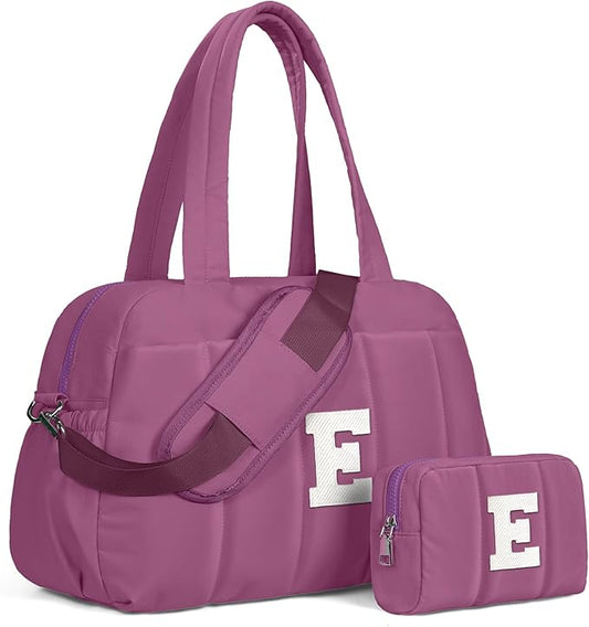Duffle Bag with Initial, Spend The Night Bags for Women，Overnight Bag with Wet Pocket，Birthday Gift-Lightweight Travel Bags Personalized Gym Tote with Makeup Pouch