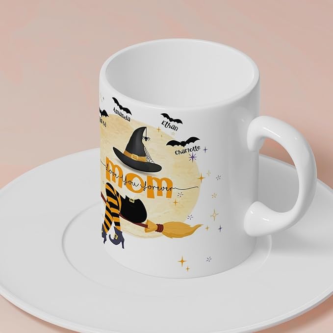 Personalized Halloween Witch Mom Mug With Kids Names - Coffee Cup Gift for Women - 11 or 15 Oz Fall Gift