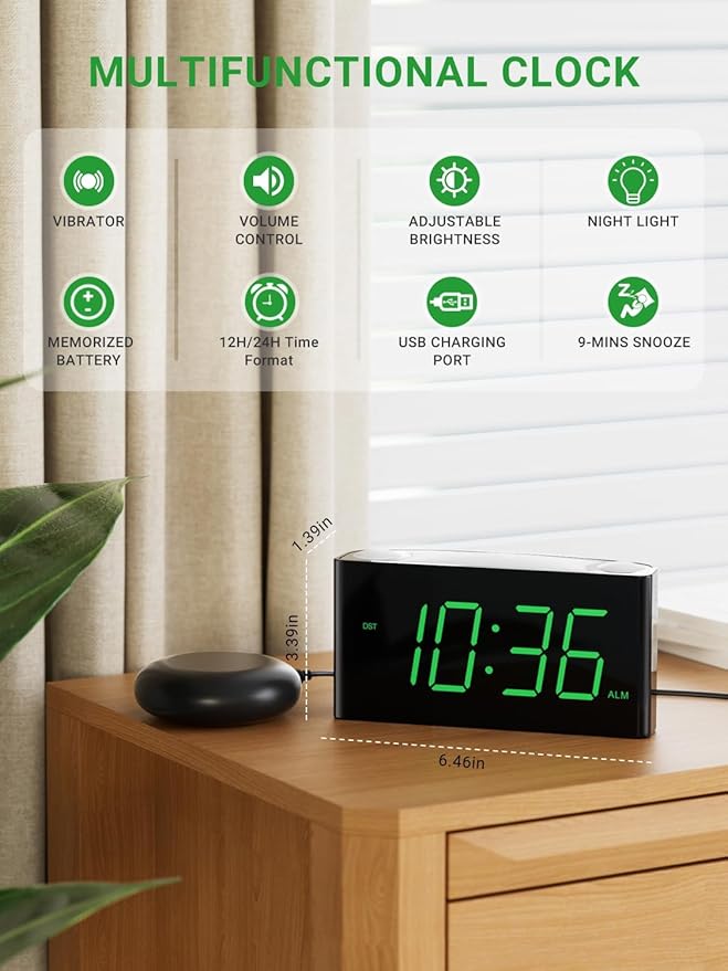 Extra Loud Vibrating Alarm Clock with Bed Shaker for Heavy Sleeper Deaf Hard of Hearing, Large LED Display Digital Clock for Bedroom,Dimmer,Night Light,USB Phone Charger,Battery Backup,Senior Teen Kid