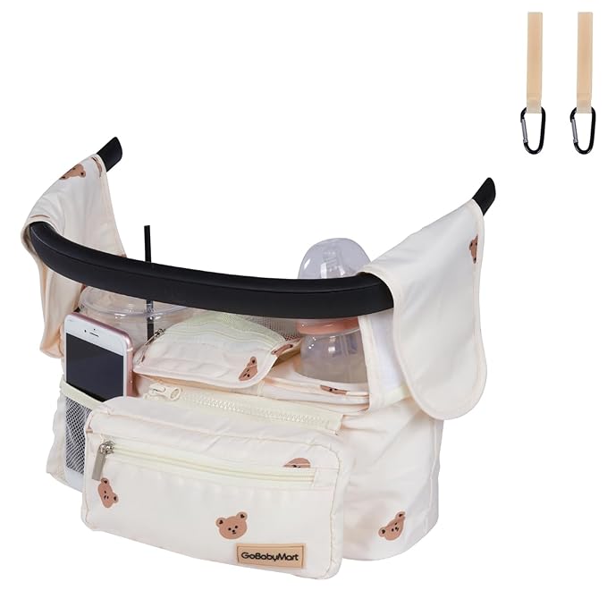 Universal Stroller Organizer with Cup Holders, Detachable Wristlet | Fits All Strollers | Stroller Diaper Bag Organizer with Phone Pocket, Insulated Bottle Holder & Storage Compartments