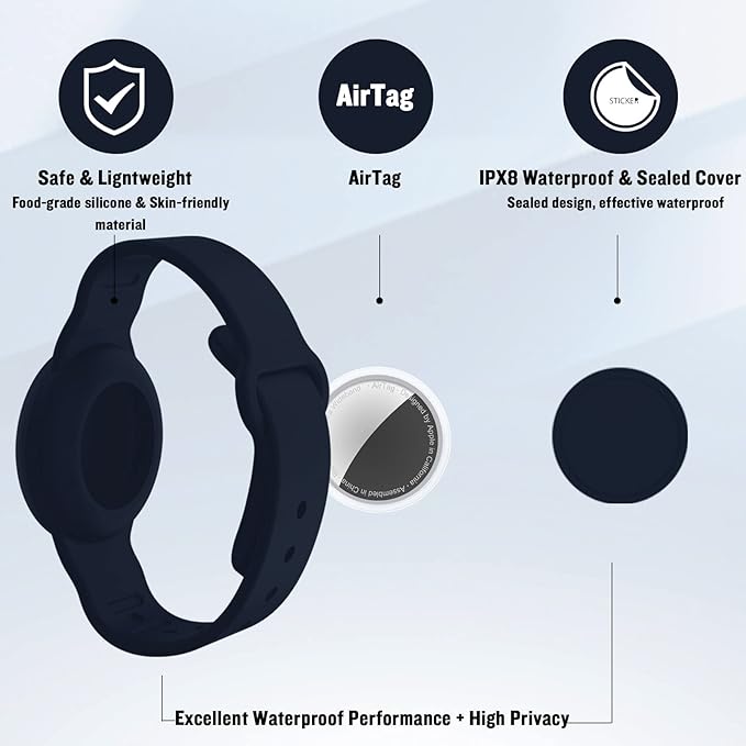 2 Pack Waterproof AirTag Bracelet for Kids, Hidden Silicone Wristband for AirTag, GPS Tracker Case for Air Tag Holder Strap Band for Child Toddler, Secure Anti-Loss Protection(Black Navy Blue)
