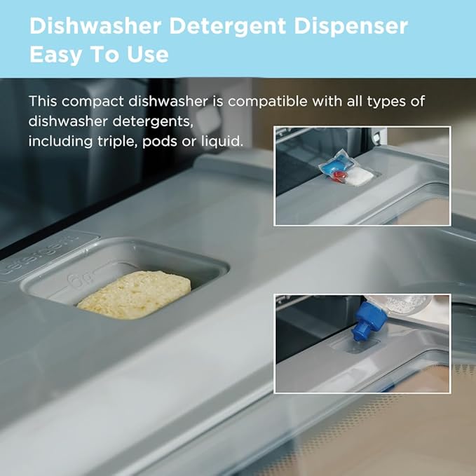COMFEE' Portable Mini Dishwasher Countertop with 5L Built-in Water Tank for Apartments& RVs, No Hookup Needed, 6 Programs, 360° Dual Spray, 162℉ High-Temp& Air-Dry Function