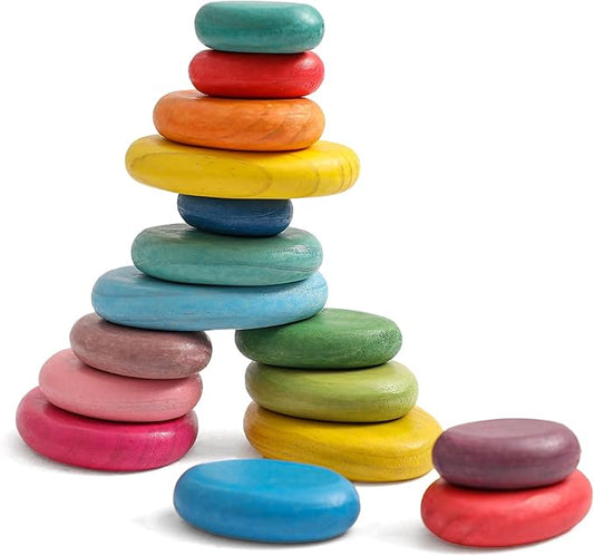 OESSUF 16pcs Extra-Large Wooden Sorting Stacking Rocks - Safe Montessori Toys for 1-3 Year Old, Waldorf Wooden Blocks for Toddlers 1-3, Smooth Stacking Stones for Toddlers, for Kids