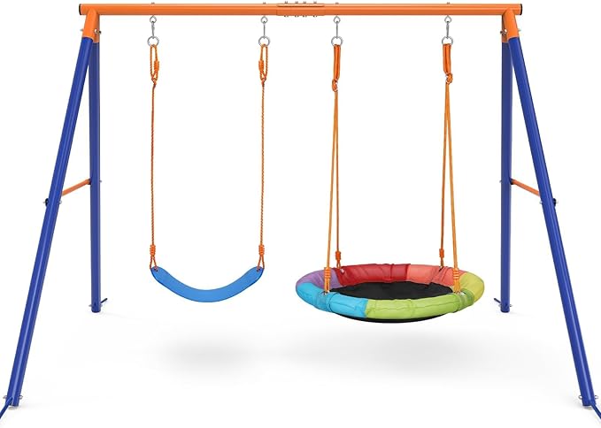 Swing Set for Backyard with Stand - Heavy Duty 440lbs Metal A-Frame Outdoor Playset with 32" Saucer Swing & 26.2" Seats