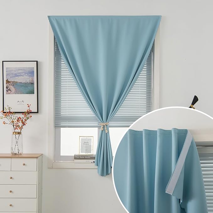 Self Adhesive Curtains, Black Out Shade for Window, Blackout Fabric Temporary Window Coverings Easy to Hang Curtains No Rod Needed, Use for Bedroom, Room, Kitchen, 35" W X 59" L, Lake Blue, 1 Panel
