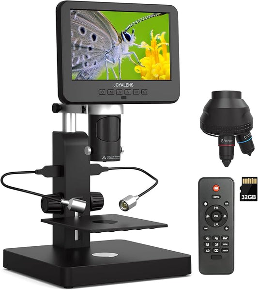JL246PS 3 Lens 7'' HDMI Digital Microscope 4000X, Biological Microscope for Adults Kids with Prepared Slides, UHD 2160P Video, Full Coin Microscope for Error Coins, Windows Compatible, 32GB