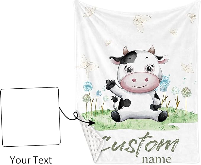 Personalized Baby Crib Bedding Set, 5-Piece Cows Design Baby Crib Sets with Custom Name, Toddler Double Layer Blanket Fitted Sheets Changing Pad Cover Rug Wall Art Set, Charming Nursery Decor