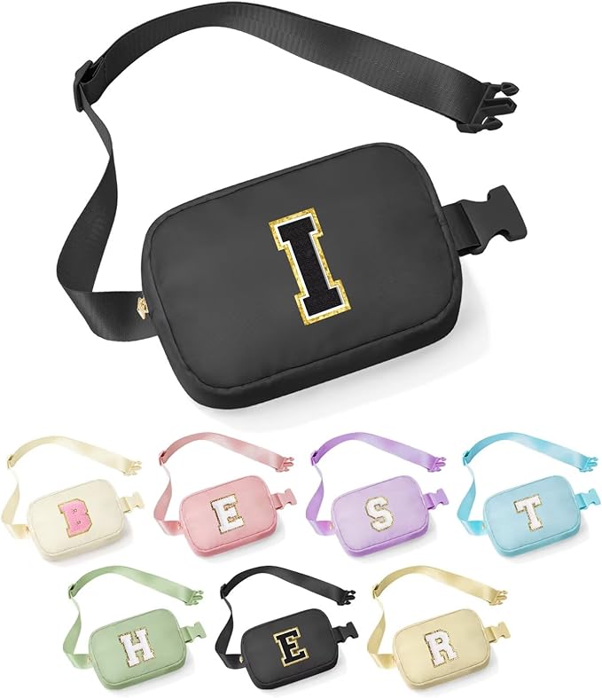 YOOLIFE Initial Crossbody Bags for Women - Belt Bag Fanny Packs for Women Cross Body Bag Sling Bag Black Small Waist Packs Mothers Day Gifts Travel Accessories Monogrammed Gifts I