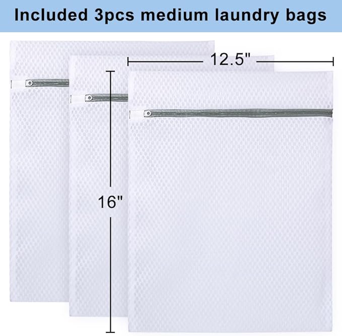 Vivifying Mesh Laundry Bags for Delicates, 3Pcs Honeycomb Mesh Wash Bags with Zipper for Washing Machine, Shoes, Lingerie, Socks and Stuffed Toys (Medium, 12.5 x 16Inches)