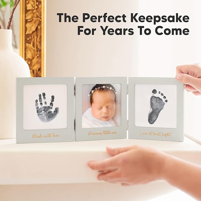 Inkless Baby Handprint and Footprint Kit for Newborn - Baby Footprint Kit, Newborn Keepsake Nursery Picture Frame,Dog Paw Print Maker,Personalized Gifts for New Mom,Showers & Registry(Cloud Gray/Gold)