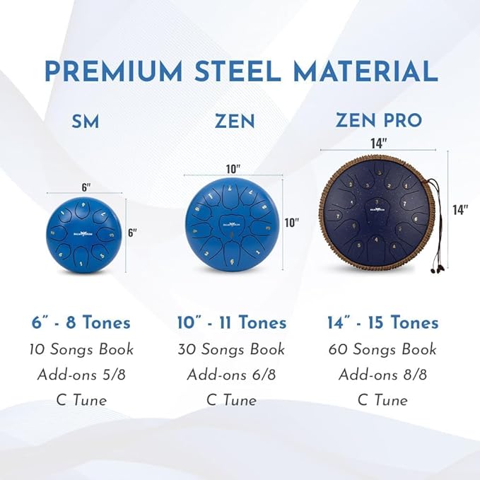The Balmy Drum - 11 Note 10 Inch Steel Tongue Drum, Steel Drum Instrument, Drums For Children and Adults, Balmy Drum Set for Kids with Music Book, Handpan, Mallet and Carry Bag (Blue)